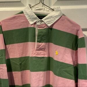Polo by Ralph Lauren Pink & Green Striped Rugby Polo with White Collar